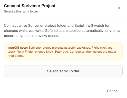 Scrivener connection in Scriptri