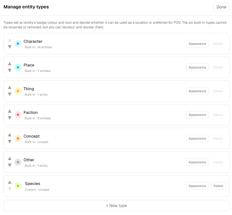 Manage Entity Types with project-specific colors, icons, ordering, and capabilities