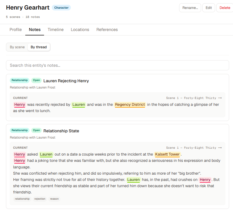 Entity notes grouped as an evolving story thread with history and resolution