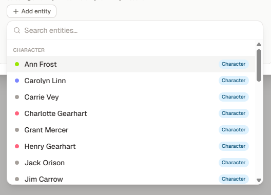Searchable entity selector grouped by context and entity type