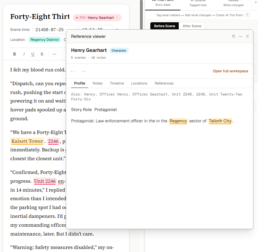 A complete read-only Entity workspace open over the manuscript in the Floating Reference Viewer