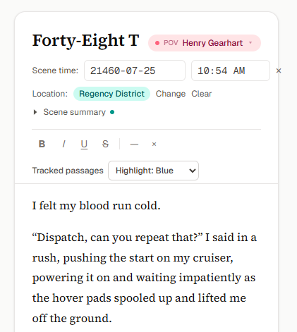 A scene open in a narrow editor column, with the point of view, time and location fields above a row of formatting buttons, a tracked passages control on its own line, and the start of the scene text.