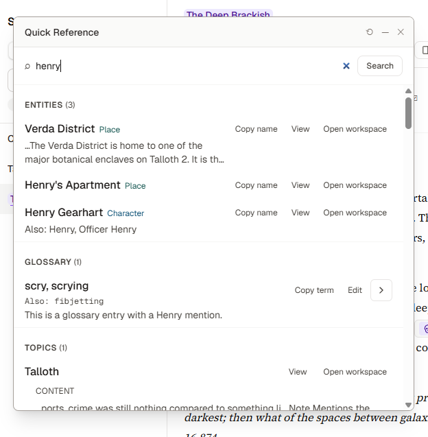 Quick Reference open as a floating panel over the Story Topics editor, with the search henry typed and results grouped under Entities, Glossary and Topics.