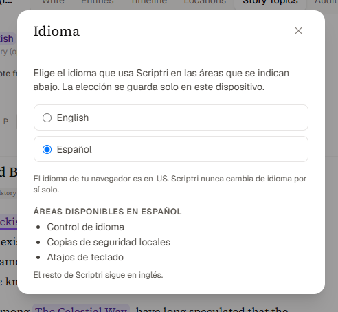 The Language dialog shown in Spanish, with English and Español options, and a list of the areas available in Spanish: language control, local backups and keyboard shortcuts.