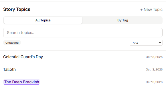 The Story Topics list beside the editor, with All Topics and By Tag views, a search box, a tag filter, a sort menu, and three Topics listed with their dates.