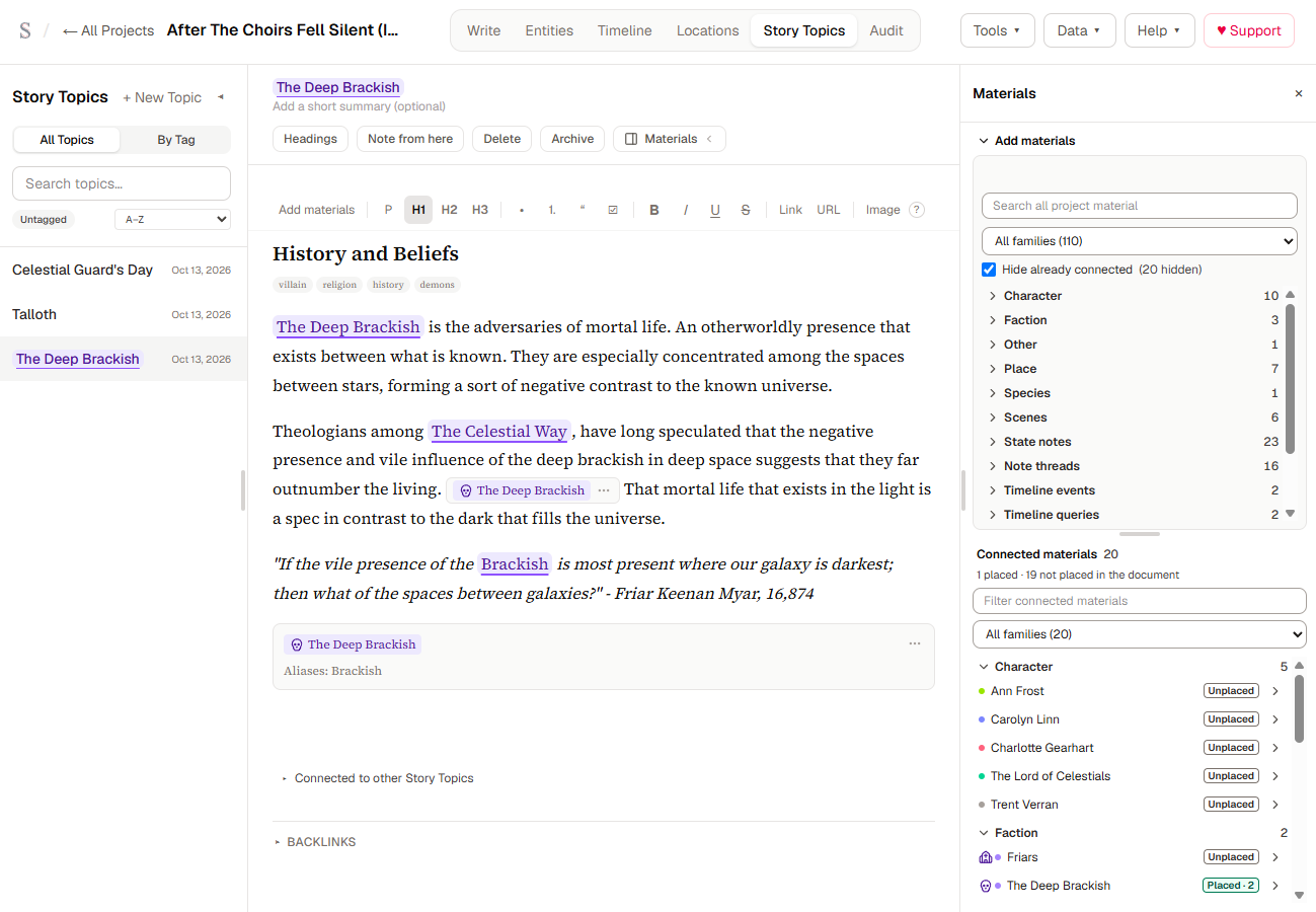 A Topic open in the editor with the Materials drawer on the right, listing connected materials grouped by family, and a placed block in the document showing a live reference to an entity.